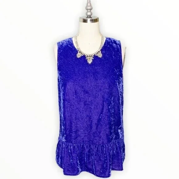 J. Crew Sleeveless Velvet Scoop Neck Popover Tank Top Ruffled Hem Cobalt Blue 0 - Picture 2 of 12